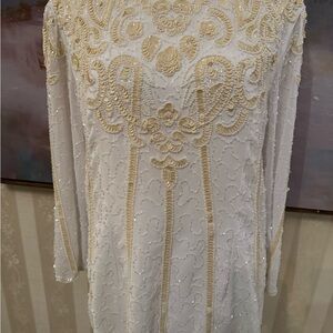 Vintage Hand Beaded Evening Top Ivory Sequins and Beads 80s/90s glam